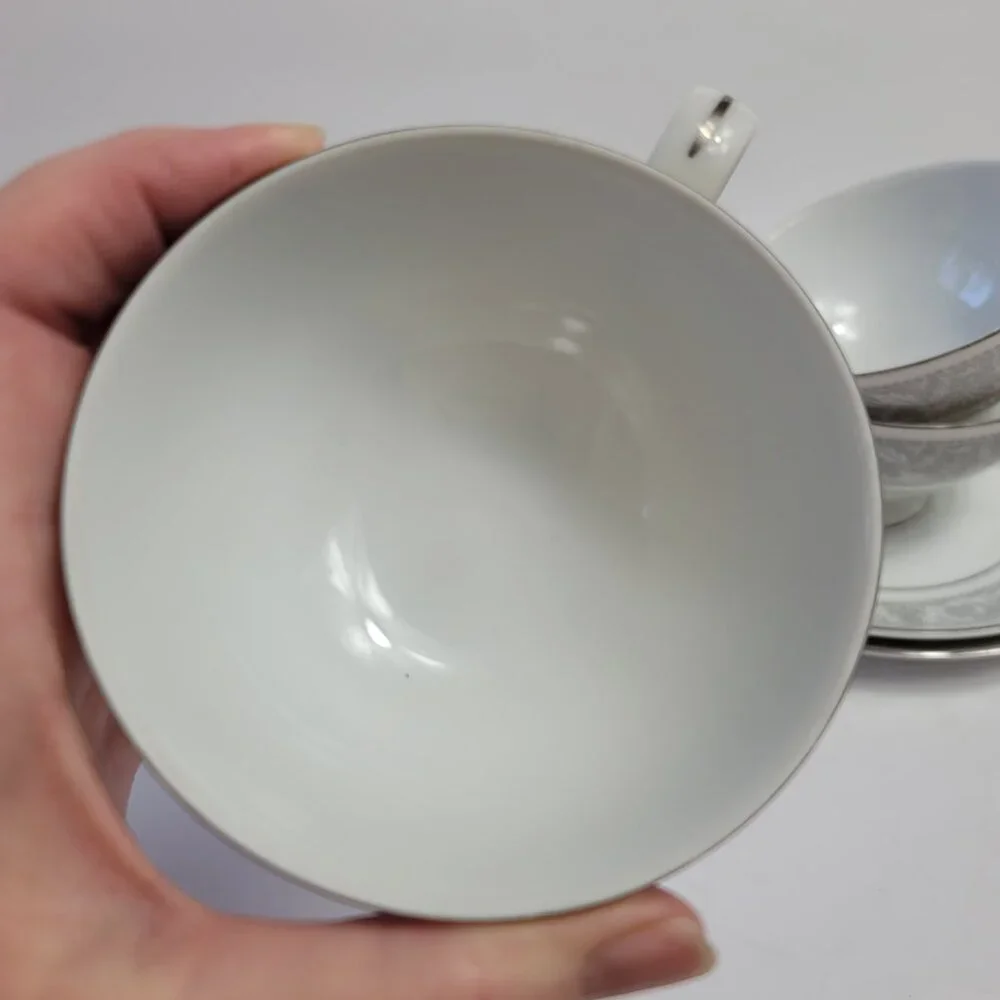 FOUR Imperial China Whitney Cup & Saucers White Gray Band Leaf Scrolls W. Dalton